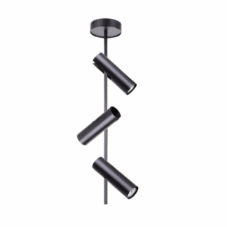 Nowoczesna, czarna, metalowa lampa sufitowa Eclix z trzema regulowanymi reflektorami typu spot na minimalistycznym stelażu, idealna do oświetlenia punktowego w kuchni, przedpokoju lub nad stolikiem w salonie.