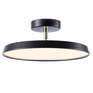 Okrągła lampa sufitowa LED na krótkiej regulowanej podstawie z czarną ramą i ciepłym światłem na białym tle.