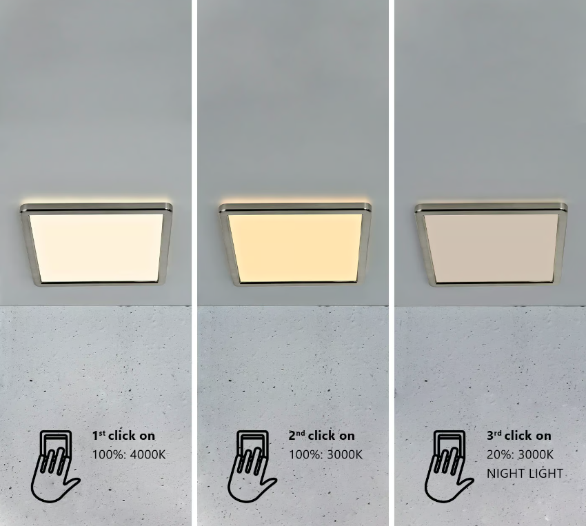 Kwadratowy srebrny plafon Oja Square LED z funkcją ściemniania za pomocą włącznika światła