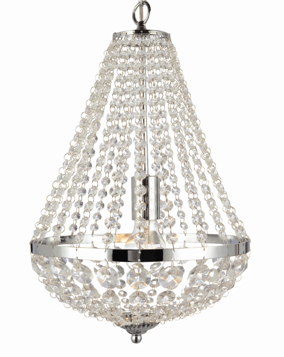 Srebrna wisząca lampa glamour Island o średnicy 30 cm z kryształowymi łańcuszkami