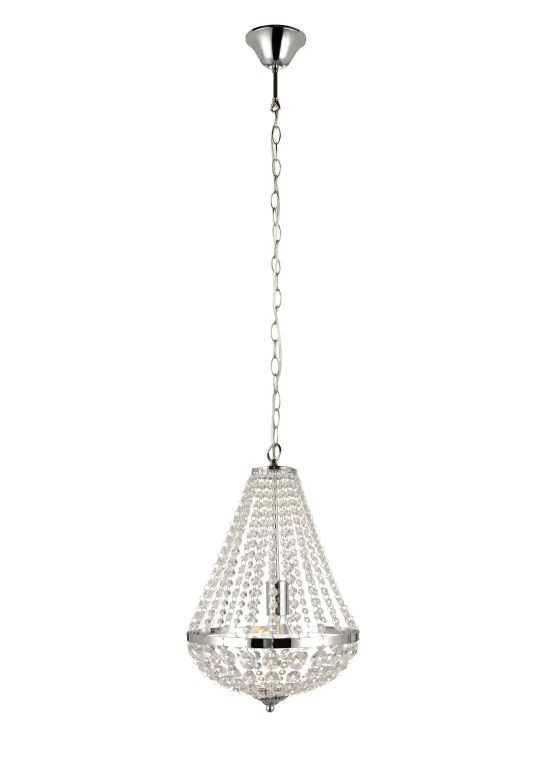 Srebrna wisząca lampa glamour Island o średnicy 30 cm z kryształowymi łańcuszkami