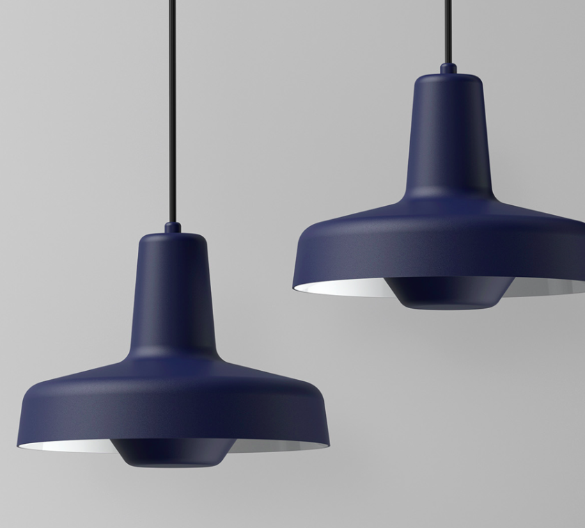 Wisząca lampa Arigato II w kolorze atramentowym, idealna nad wyspę.