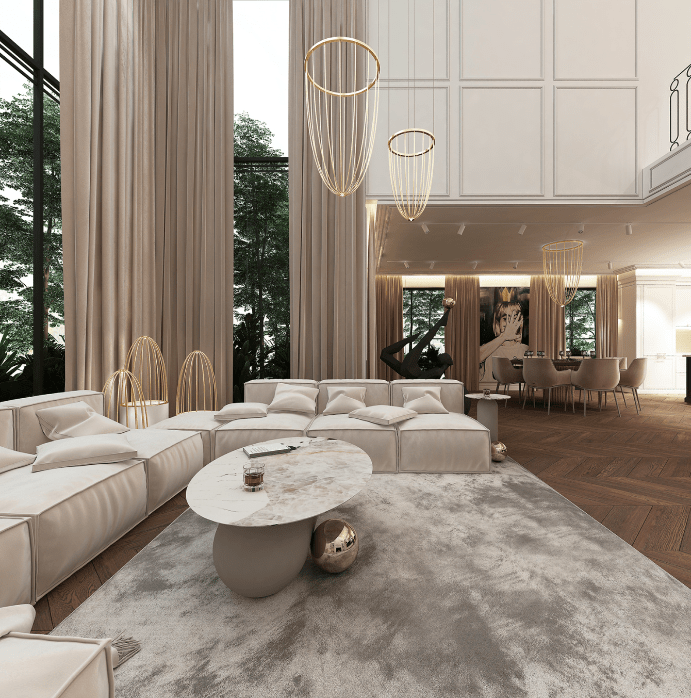 Nowoczesna, wisząca lampa do salonu No. Moon O Z w odcieniu beżowej platyny