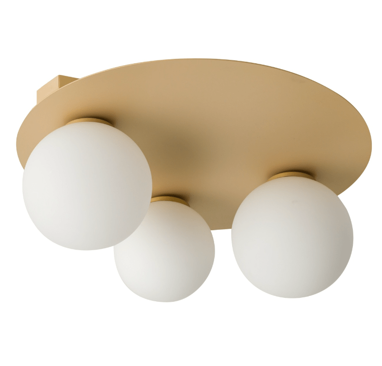 Okrągły plafon Fjordlux 3 w beżowym kolorze ze szklanymi kloszami i złotymi akcentami