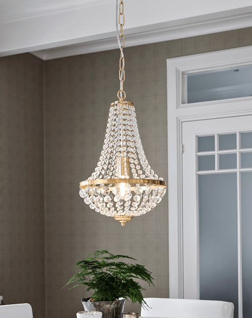 Lampa wisząca kryształowa Island złota 30cm, żyrandol w stylu glamour nad stół i wyspę kuchenną, oświetlenie do jadalni z kryształkami