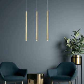 Elegancka złota lampa wisząca Lungo z trzema smukłymi rurkami