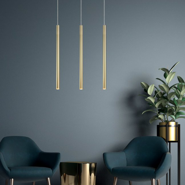 Elegancka złota lampa wisząca Lungo z trzema smukłymi rurkami