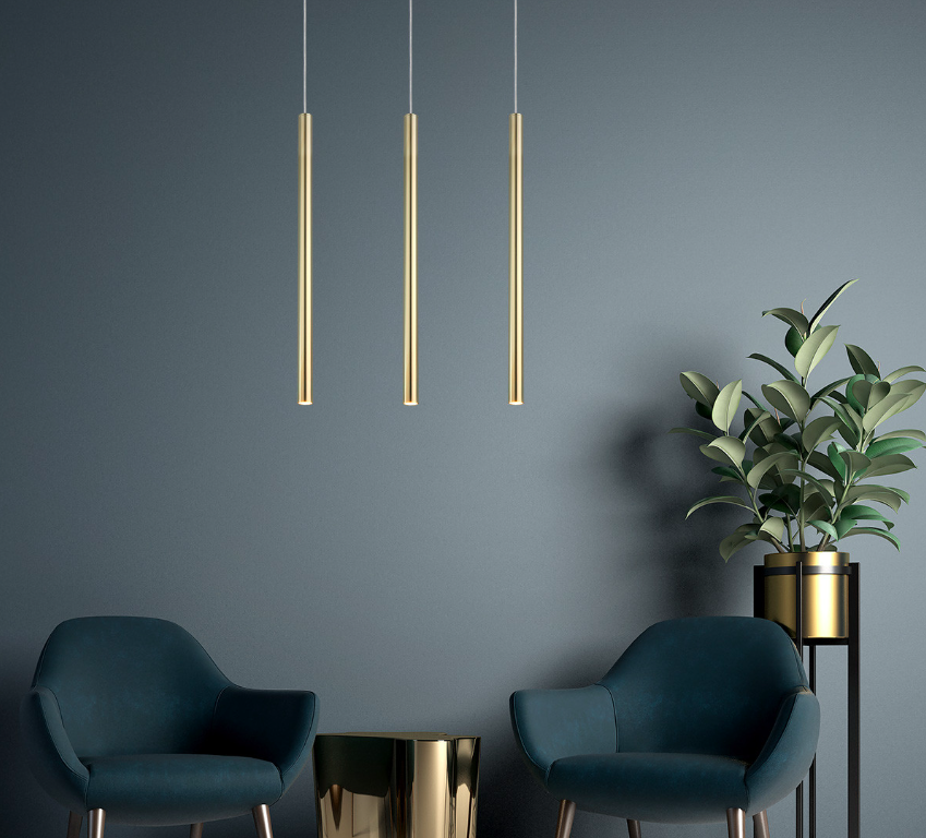 Elegancka złota lampa wisząca Lungo z trzema smukłymi rurkami