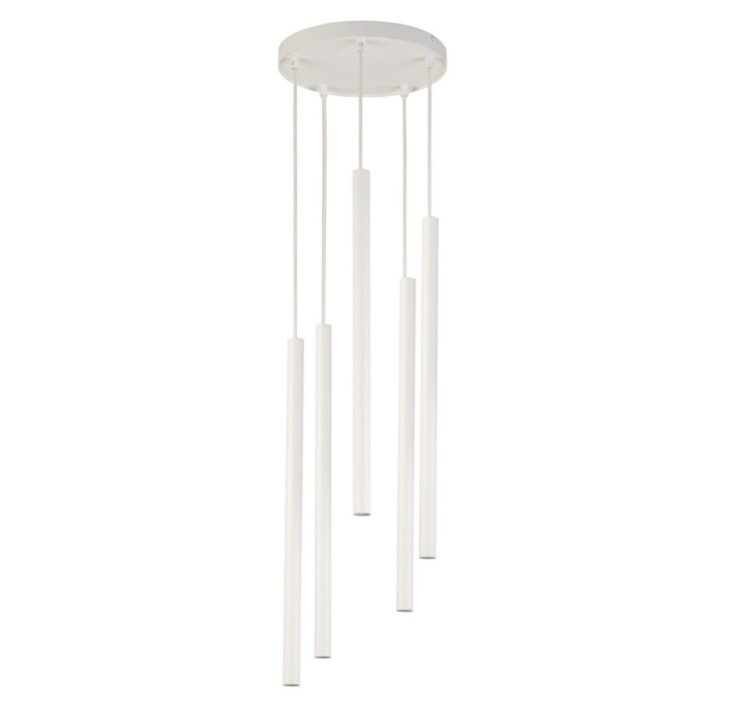 Biała wisząca lampa sufitowa Filora 5 z elegancko zwisającymi rurkami