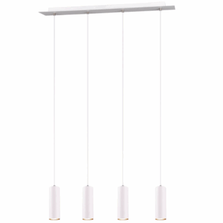 Biała lampa wisząca Marley 4 z czterema cylindrycznymi kloszami zawieszonymi na linkach.