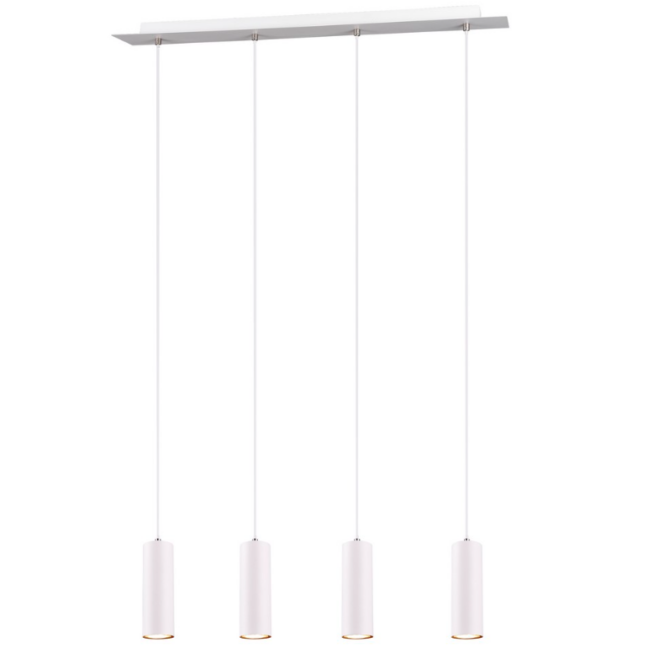 Biała lampa wisząca Marley 4 z czterema cylindrycznymi kloszami zawieszonymi na linkach.