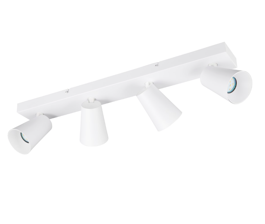 Biała, szeroka lampa sufitowa Sharp 4 z reflektorami na szynie