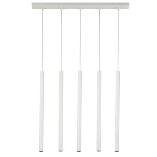 Podłużna wisząca lampa Filora 5 w białym kolorze z cienkimi kloszami