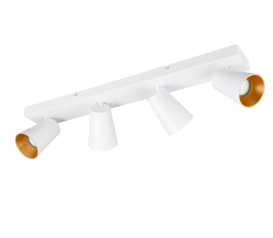 Biała, szeroka lampa sufitowa Sharp 4 z reflektorami na szynie