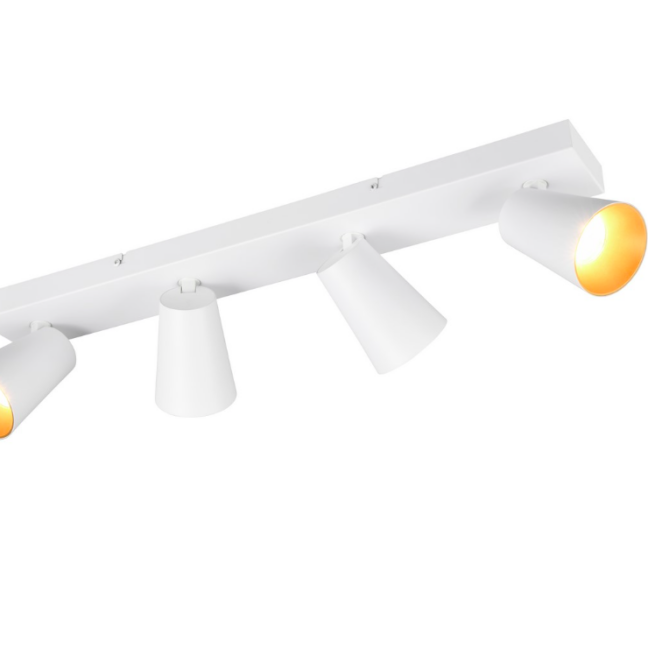 Biała, szeroka lampa sufitowa Sharp 4 z reflektorami na szynie