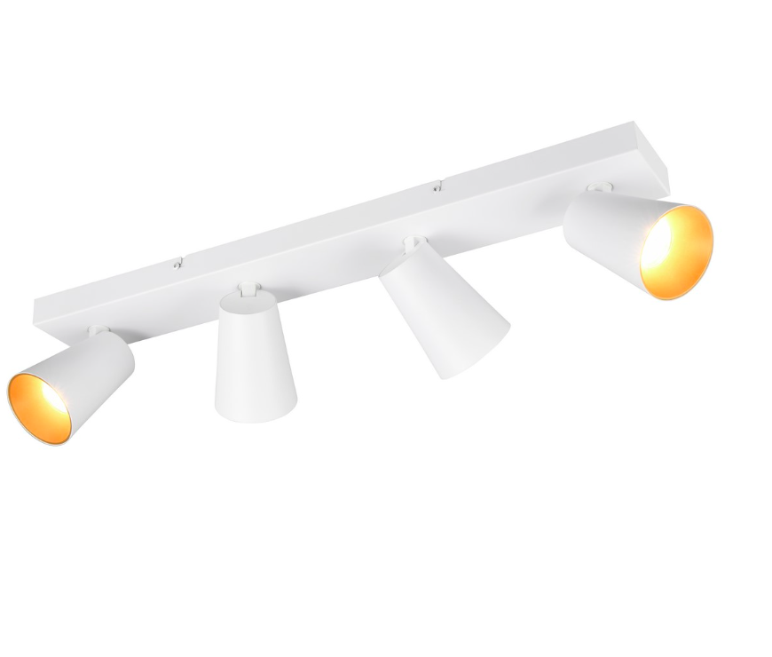 Biała, szeroka lampa sufitowa Sharp 4 z reflektorami na szynie