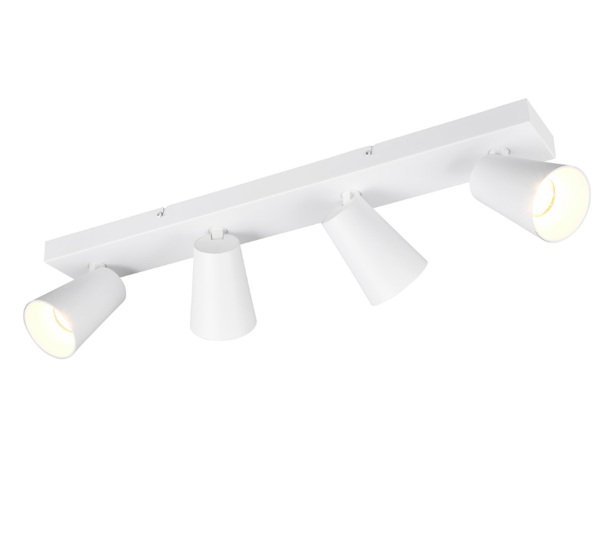 Biała, szeroka lampa sufitowa Sharp 4 z reflektorami na szynie