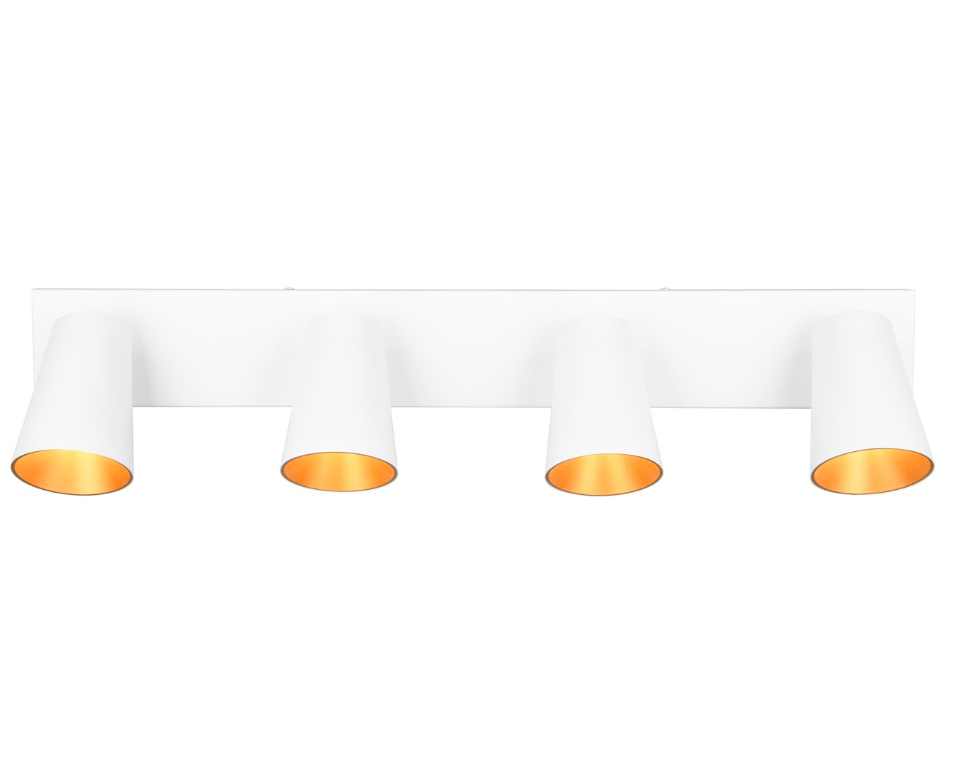 Biała, szeroka lampa sufitowa Sharp 4 z reflektorami na szynie