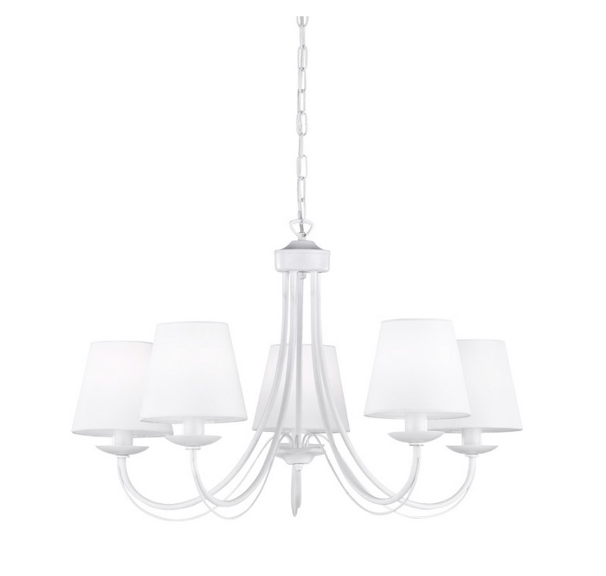 Biały żyrandol Cortez 5 z abażurami w klasycznym stylu do sypialni