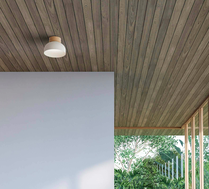 Nordycka lampa sufitowa Reiko z białym kloszem i drewnianymi akcentami do przedpokoju