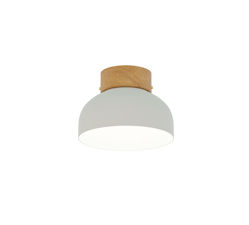 Nordycka lampa sufitowa Reiko z białym kloszem i drewnianymi akcentami do przedpokoju