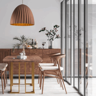 Wisząca brązowa lampa Faselia z efektownym pofalowanym kloszem idealna do jadalni