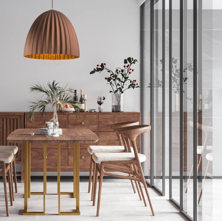 Wisząca brązowa lampa Faselia z efektownym pofalowanym kloszem idealna do jadalni