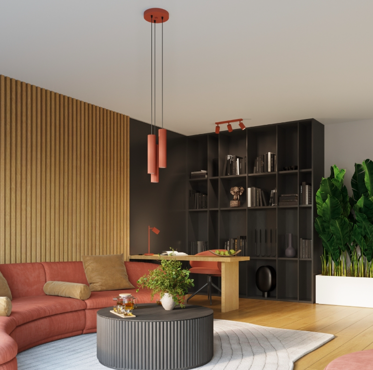 Ceglasta wisząca lampa sufitowa Karbon 3 z karbowanymi tubami