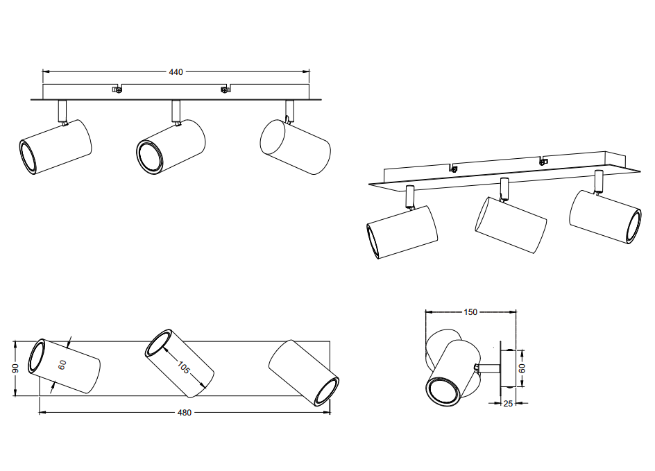 Biała szyna Marley z trzema reflektorami