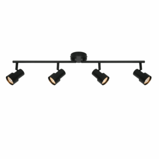 Nowoczesna czarna lampa na syznie Boston typu spot rail z czterema obrotowymi reflektorami GU10 na metalowej szynie,