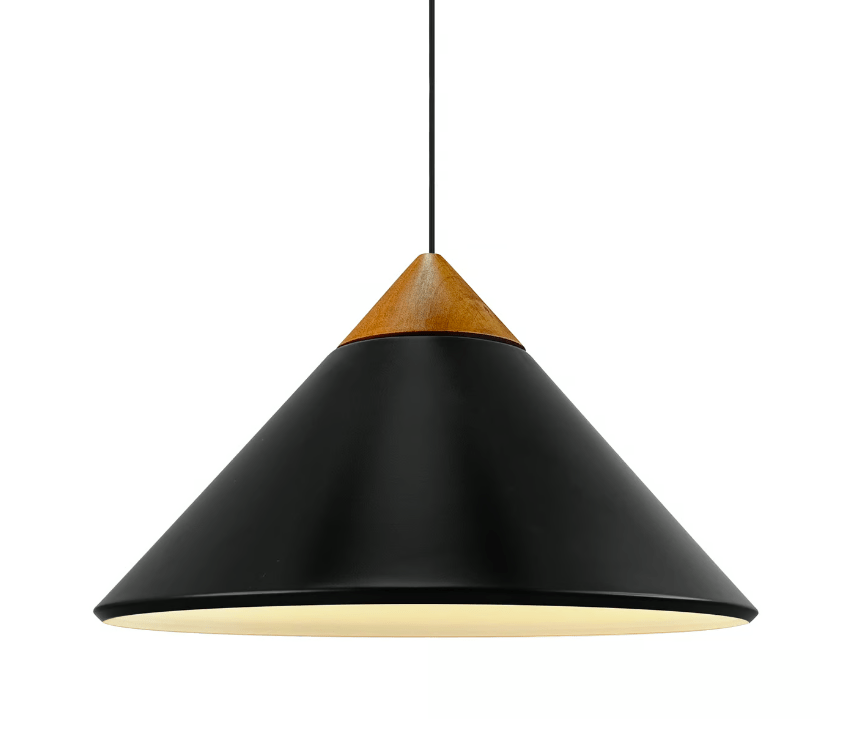 Czarna wisząca lampa Kinto 42 w kształcie stożka z drewnianym akcentem