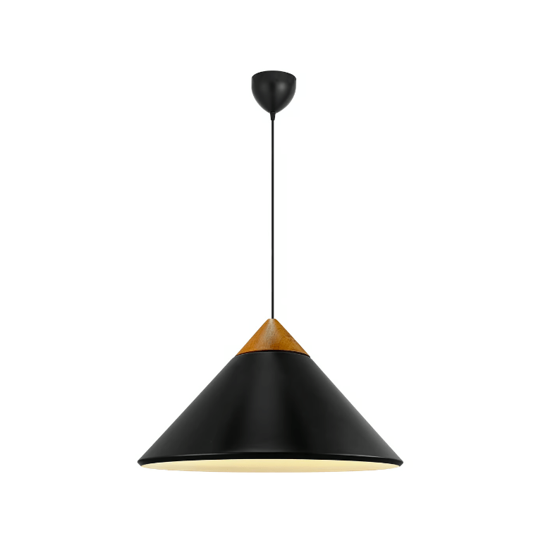 Czarna wisząca lampa Kinto 42 w kształcie stożka z drewnianym akcentem