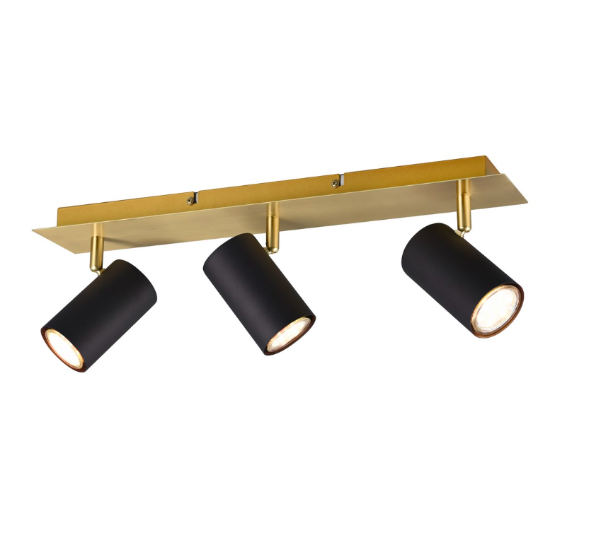 Czarno-złota lampa na listwie Marley z trzema regulowanymi reflektorami