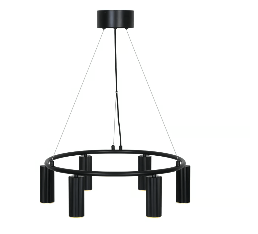 Czarny tubowy żyrandol Vico 6 z karbowanymi kloszami