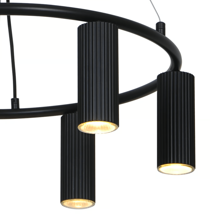 Czarny tubowy żyrandol Vico 6 z karbowanymi kloszami