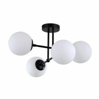 Czarny żyrandol Roma z czterema białymi, szklanymi kulami do salonu