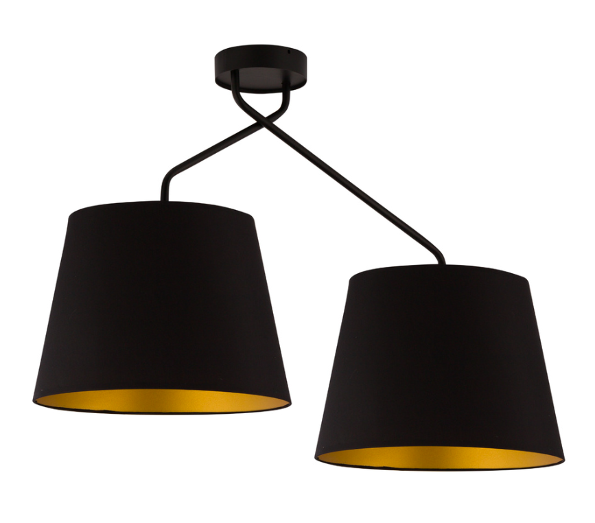 Czarny żyrandol CrossBee z dwoma klasycznymi abażurami do sypialni
