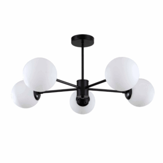 Czarny żyrandol Roma z pięcioma opalowymi szklanymi kulami do sypialni