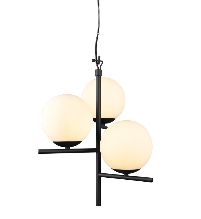 Wiszący czarny żyrandol Pure Trio z trzema szklanymi kloszami do jadalni