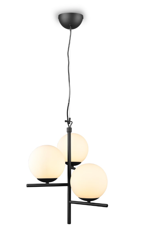 Wiszący czarny żyrandol Pure Trio z trzema szklanymi kloszami do jadalni