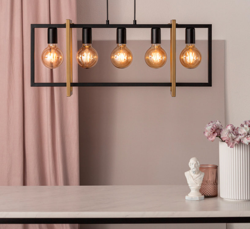 Stylowy wiszący żyrandol LoftBlock 5 w czarno-złotej kolorystyce
