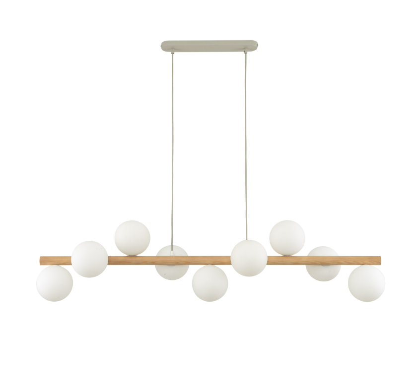 Drewniana lampa wisząca Estera 9 z białymi kloszami