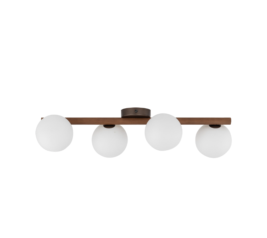 Brązowa drewniana lampa sufitowa Estera 4 z białymi kulistymi kloszami