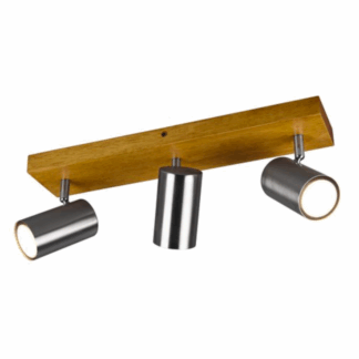 Drewniana listwa sufitowa wyposażona w trzy srebrne reflektory Marley