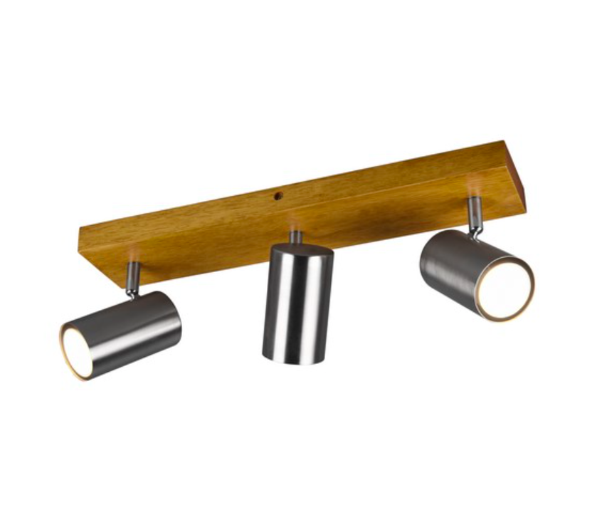 Drewniana listwa sufitowa wyposażona w trzy srebrne reflektory Marley