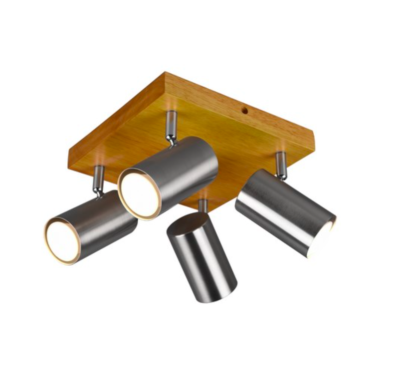 Drewniany plafon Marley 4 z srebrnymi reflektorami do korytarza