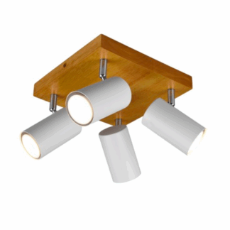 Kwadratowy drewniany plafon Marley 4 z białymi, ruchomymi kloszami