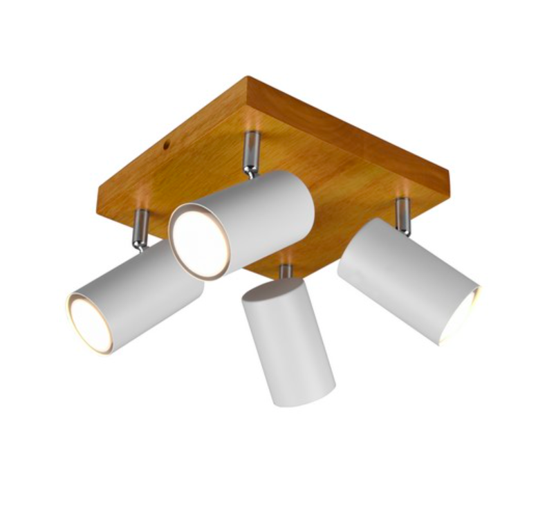 Kwadratowy drewniany plafon Marley 4 z białymi, ruchomymi kloszami