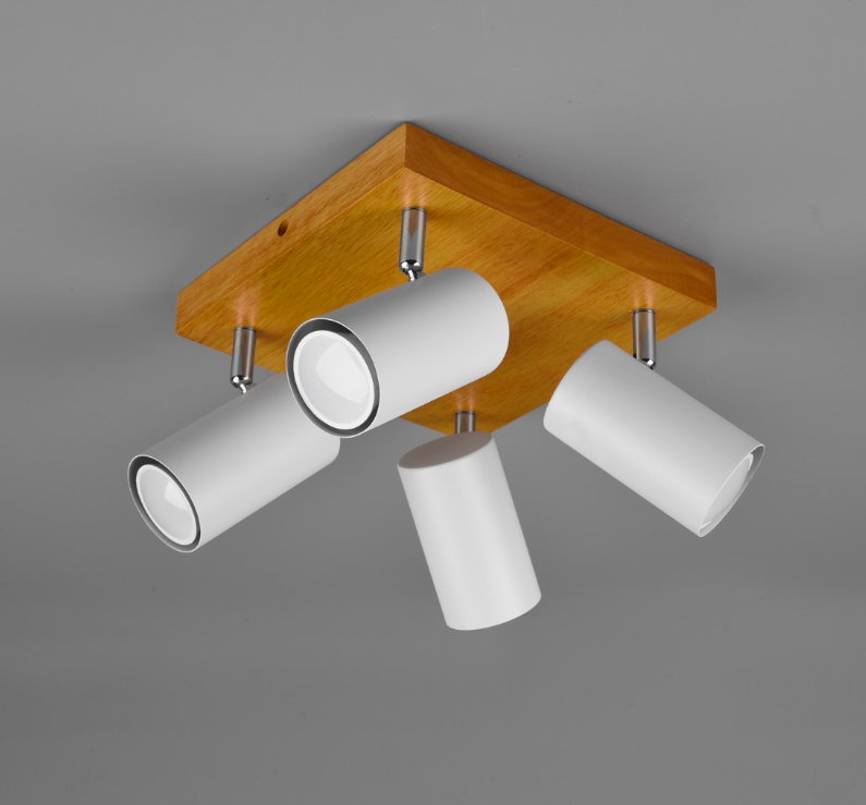 Kwadratowy drewniany plafon Marley 4 z białymi, ruchomymi kloszami