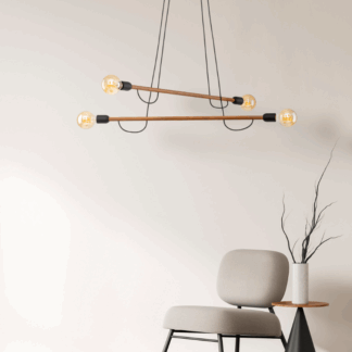 Żyrandol Helix Wood 4 z drewnianymi belkami i czterema żarówkami Edison, nowoczesna lampa wisząca do salonu w stylu loftowym, industrialnym i skandynawskim